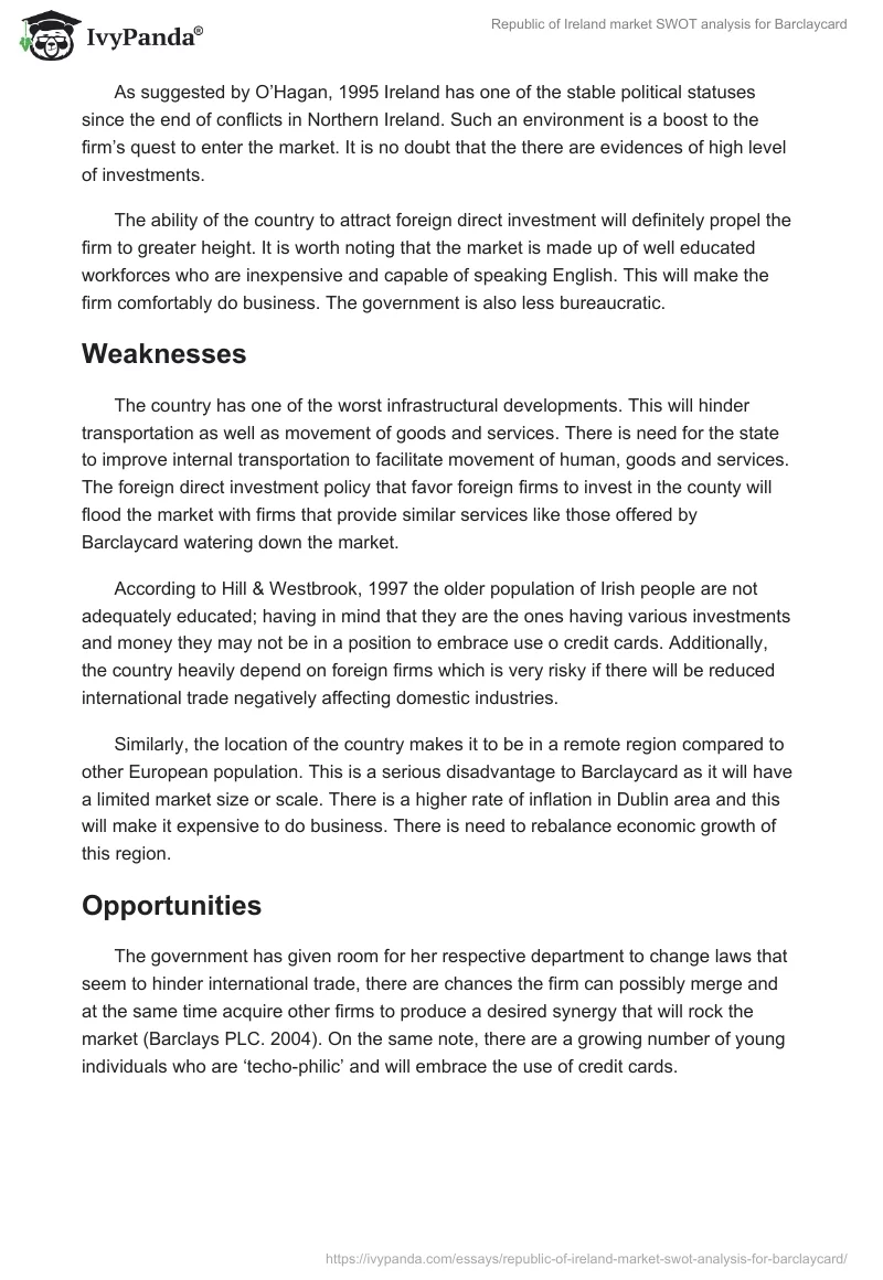 Republic of Ireland market SWOT analysis for Barclaycard. Page 2