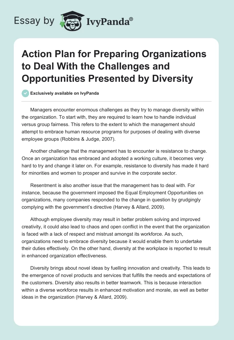 Action Plan for Preparing Organizations to Deal With the Challenges and Opportunities Presented by Diversity. Page 1