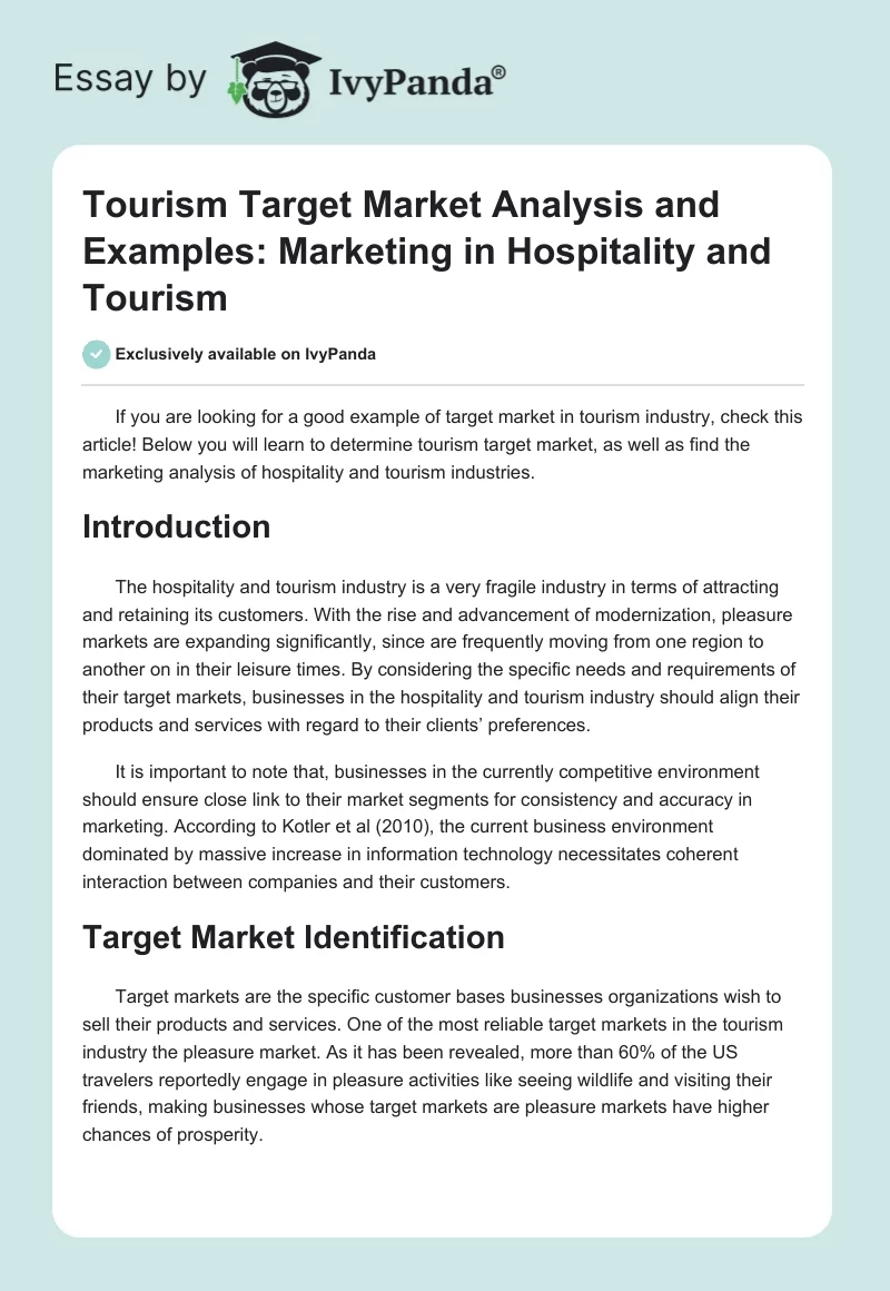 Tourism Target Market Analysis and Examples: Marketing in Hospitality and Tourism. Page 1