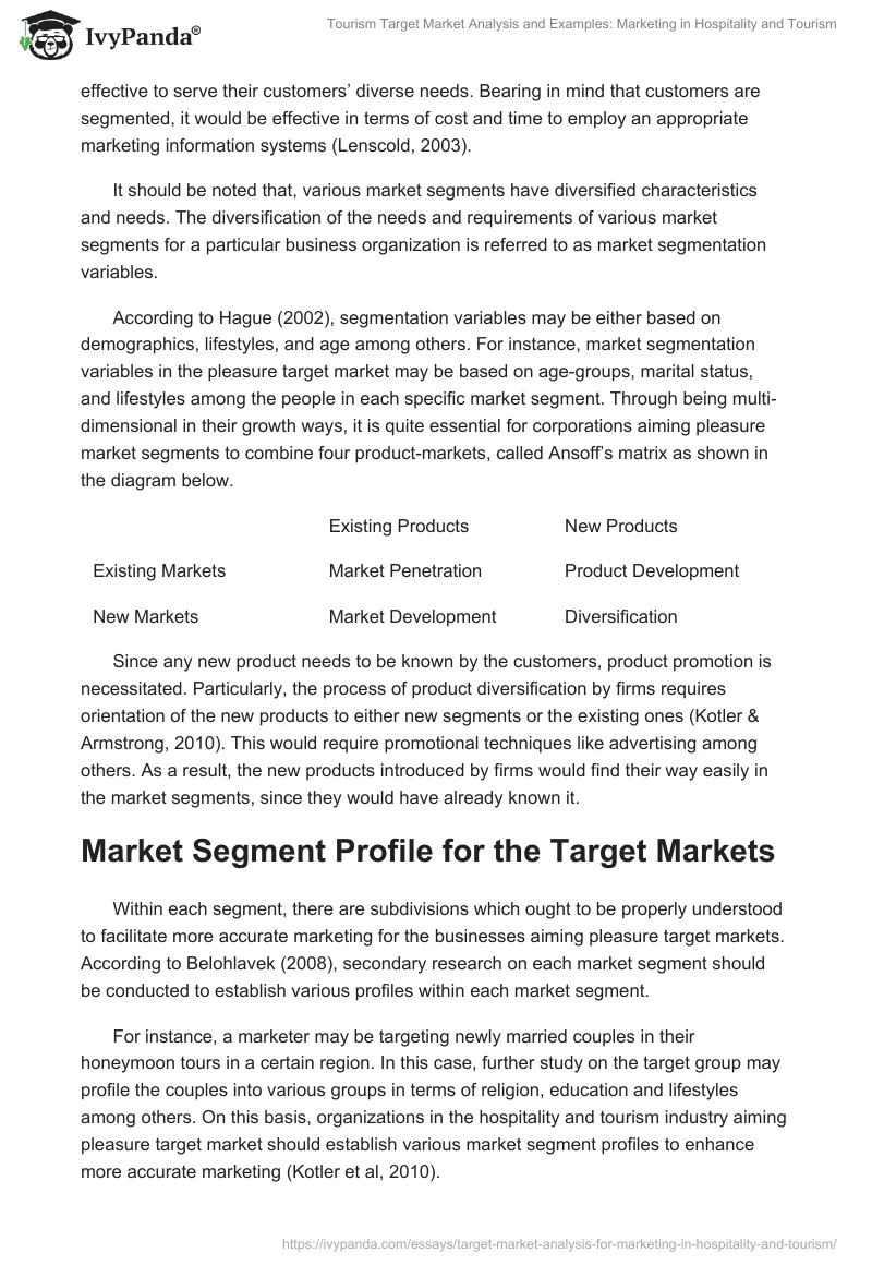 Tourism Target Market Analysis and Examples: Marketing in Hospitality and Tourism. Page 3