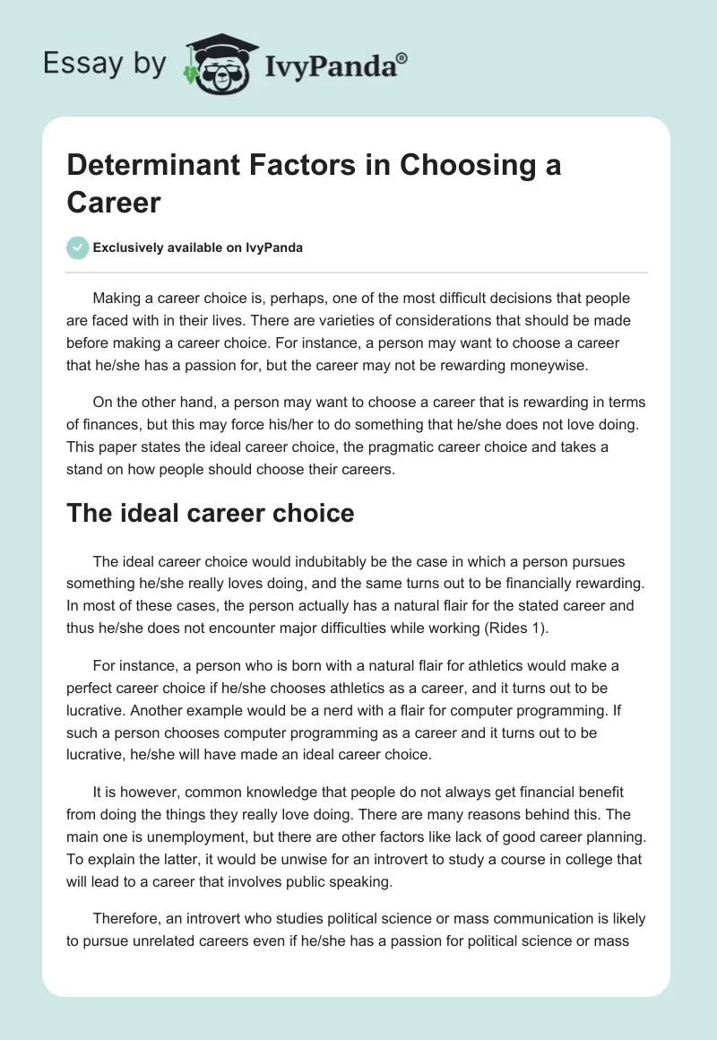 Determinant Factors in Choosing a Career. Page 1