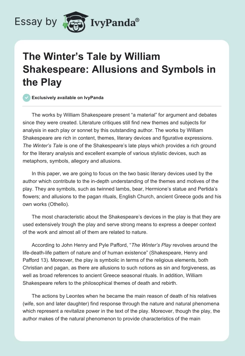 The Winter’s Tale by William Shakespeare: Allusions and Symbols in the Play. Page 1