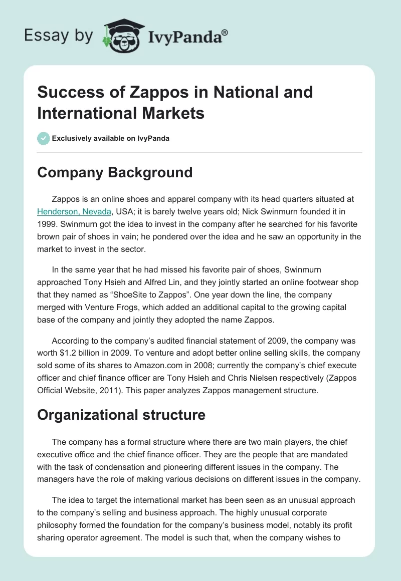 Success of Zappos in National and International Markets. Page 1
