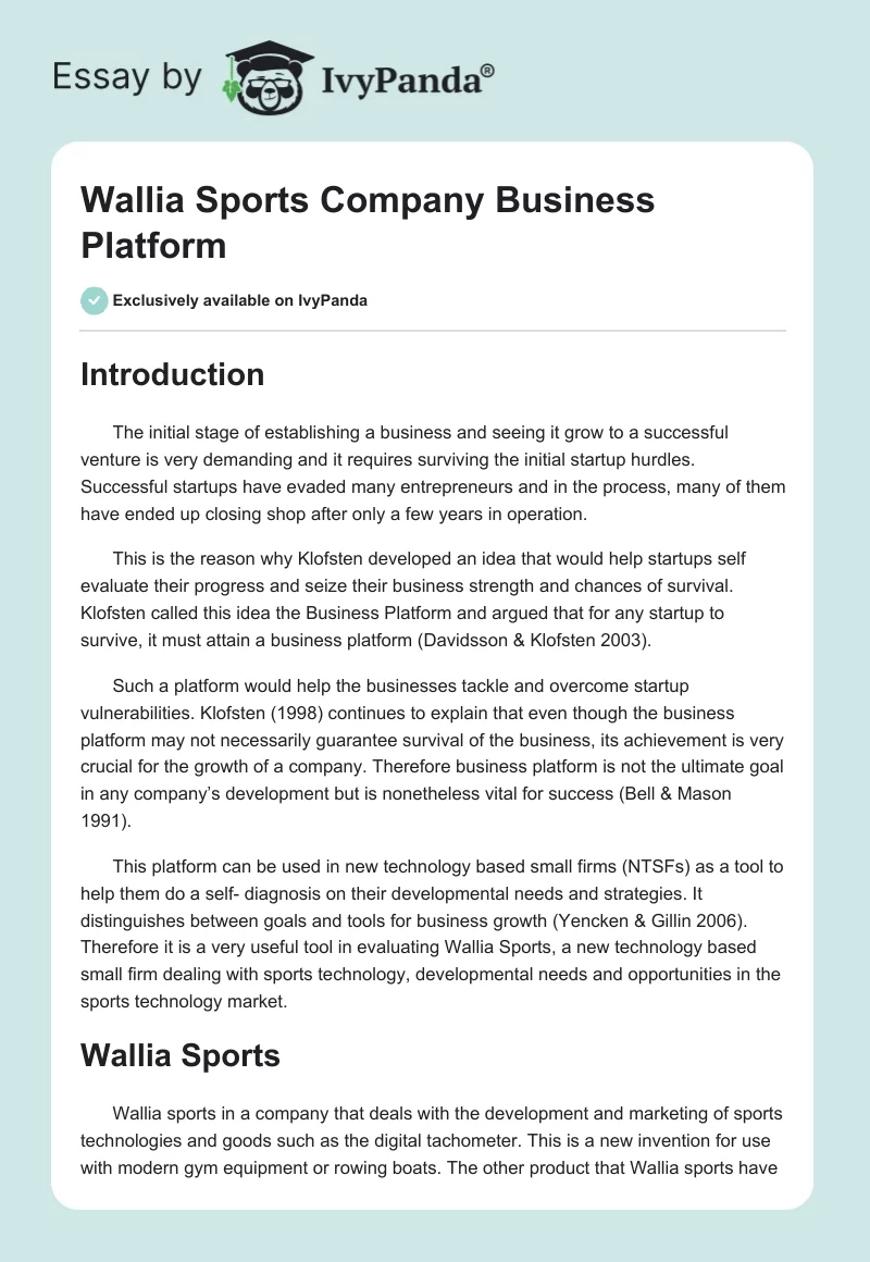 Wallia Sports Company Business Platform. Page 1