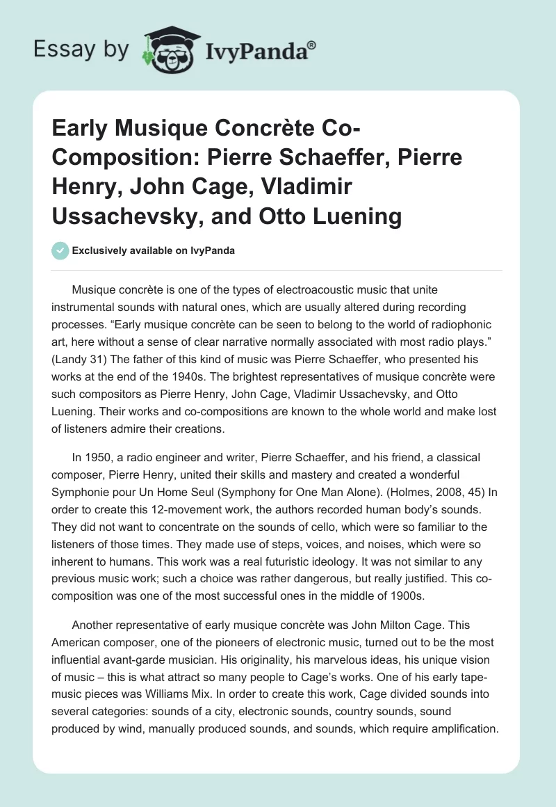 Early Musique Concrète Co-Composition: Pierre Schaeffer, Pierre Henry, John Cage, Vladimir Ussachevsky, and Otto Luening. Page 1