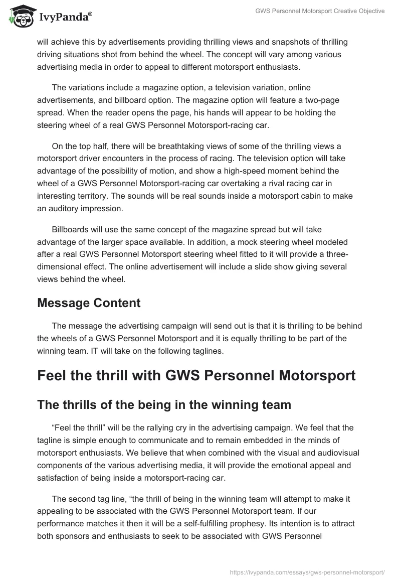 GWS Personnel Motorsport Creative Objective. Page 5