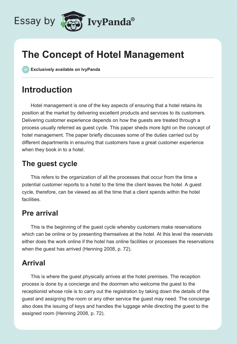 The Concept of Hotel Management. Page 1