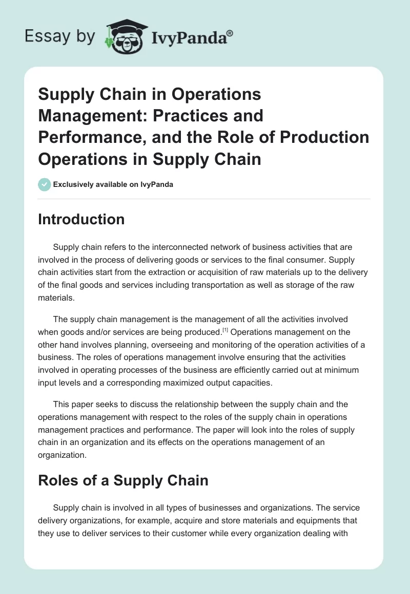 Supply Chain in Operations Management: Practices and Performance, and the Role of Production Operations in Supply Chain. Page 1