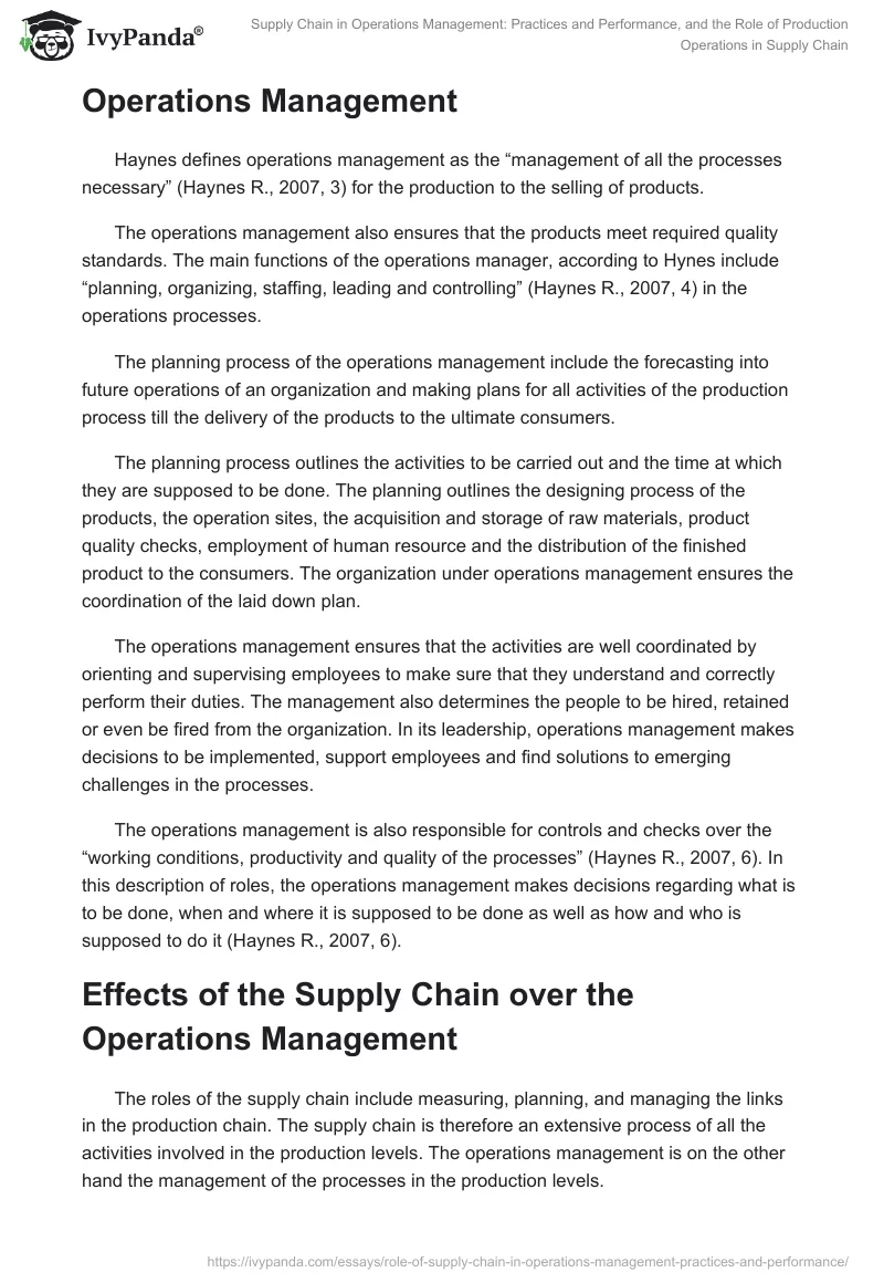 Supply Chain in Operations Management: Practices and Performance, and the Role of Production Operations in Supply Chain. Page 5
