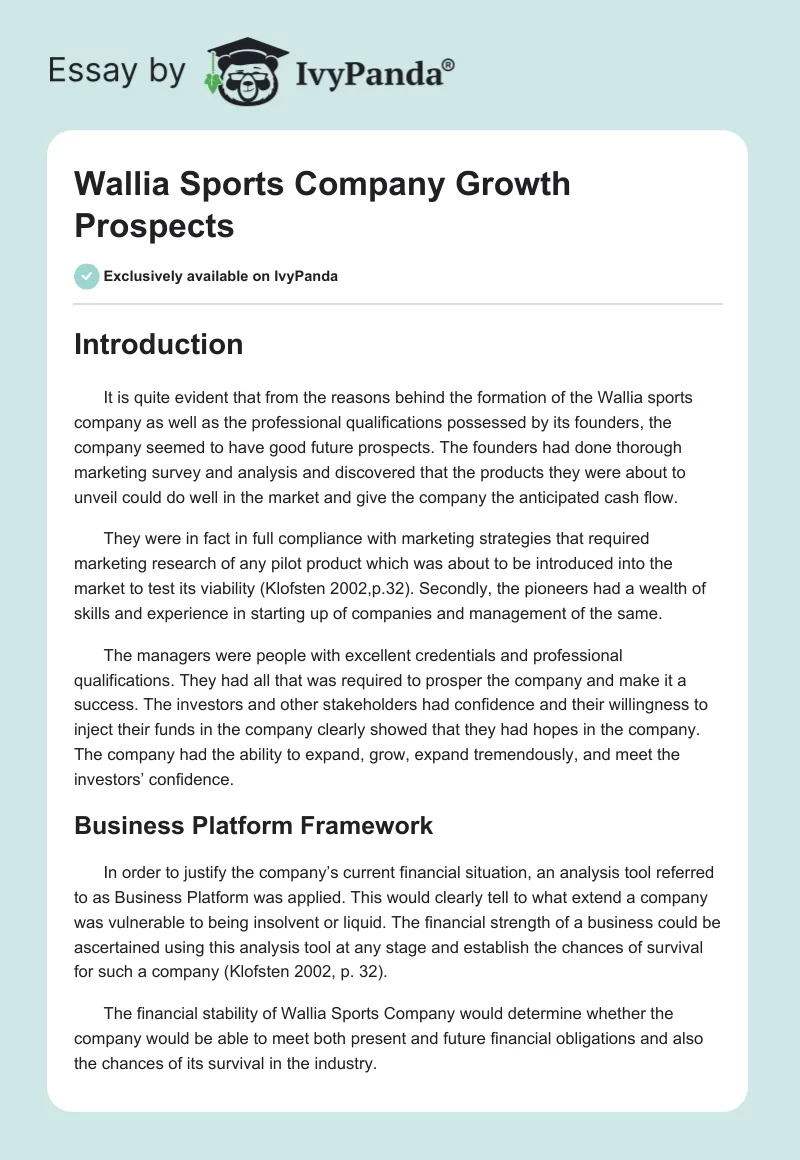 Wallia Sports Company Growth Prospects. Page 1