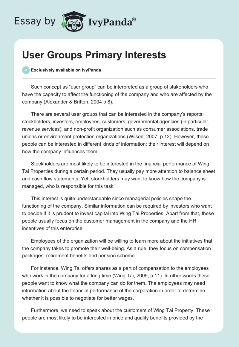User Groups Primary Interests. Page 1