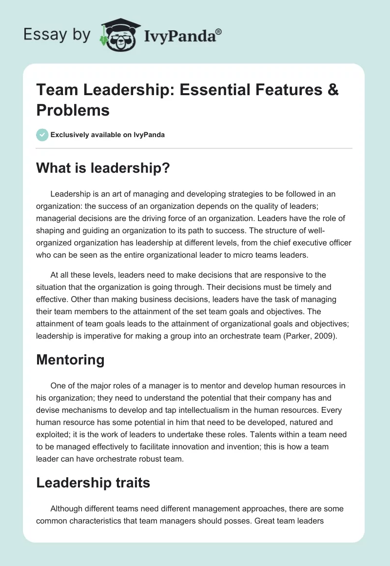 Team Leadership: Essential Features & Problems. Page 1