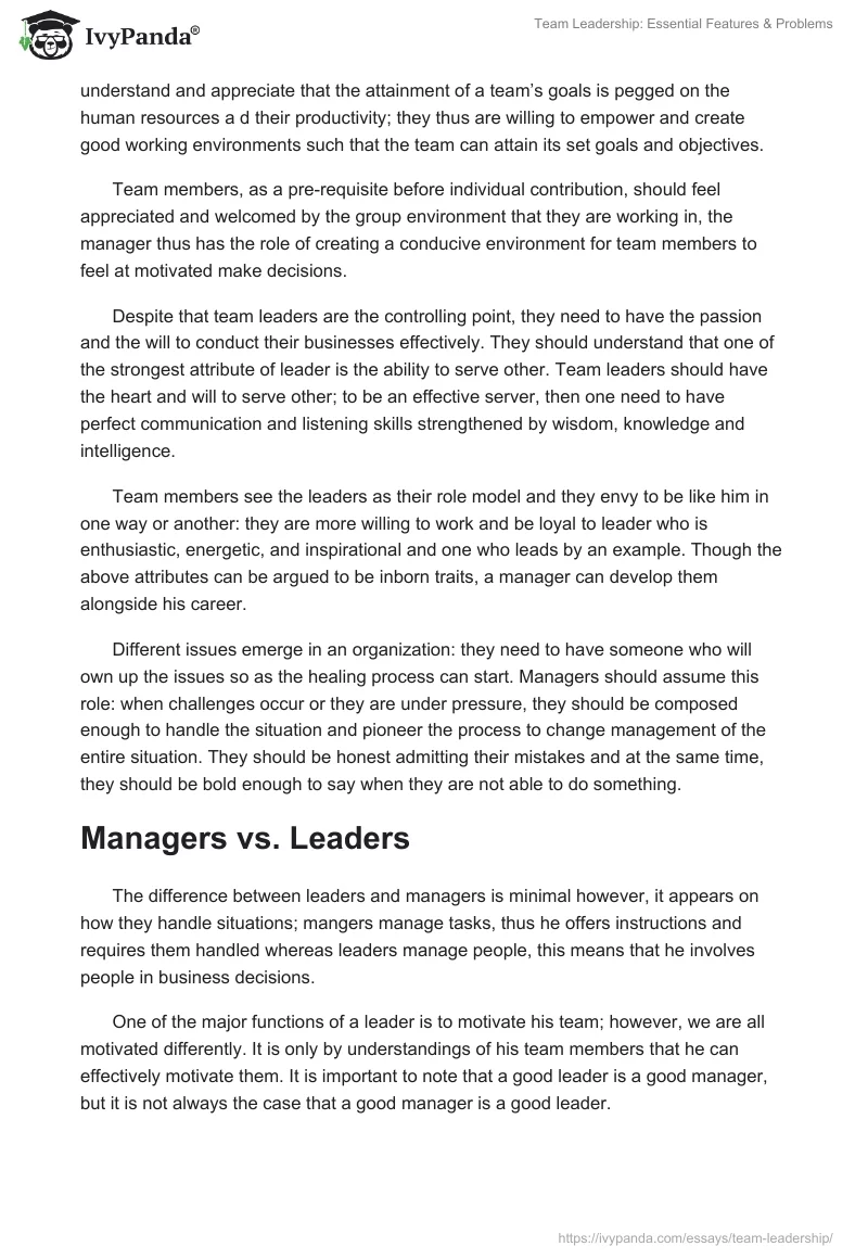 Team Leadership: Essential Features & Problems. Page 2