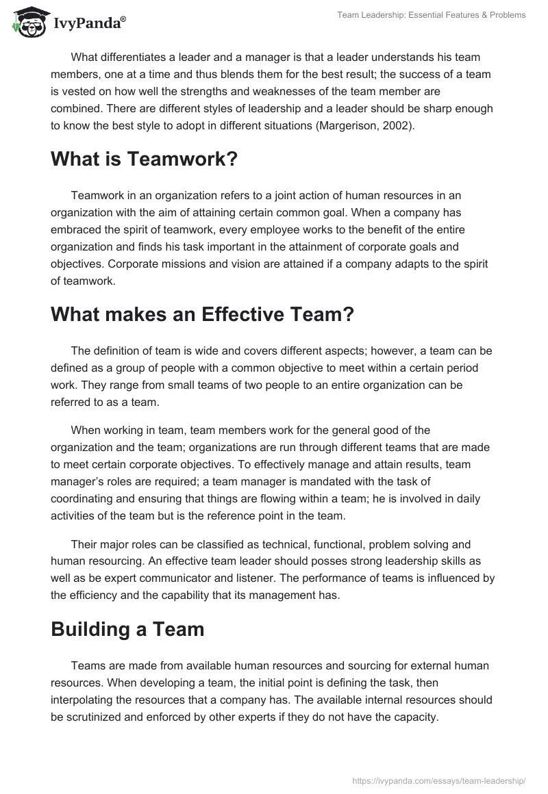 Team Leadership: Essential Features & Problems. Page 3
