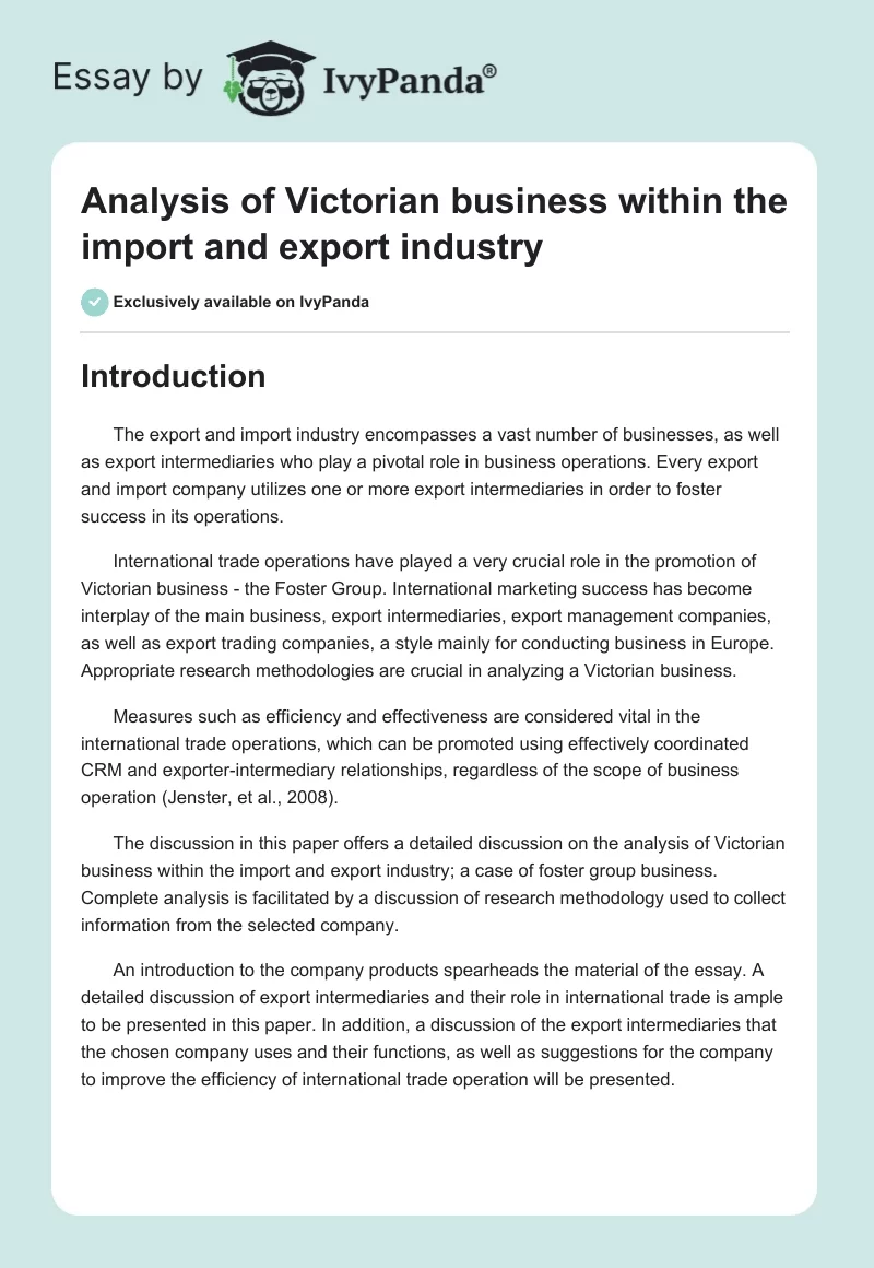 Analysis of Victorian business within the import and export industry. Page 1