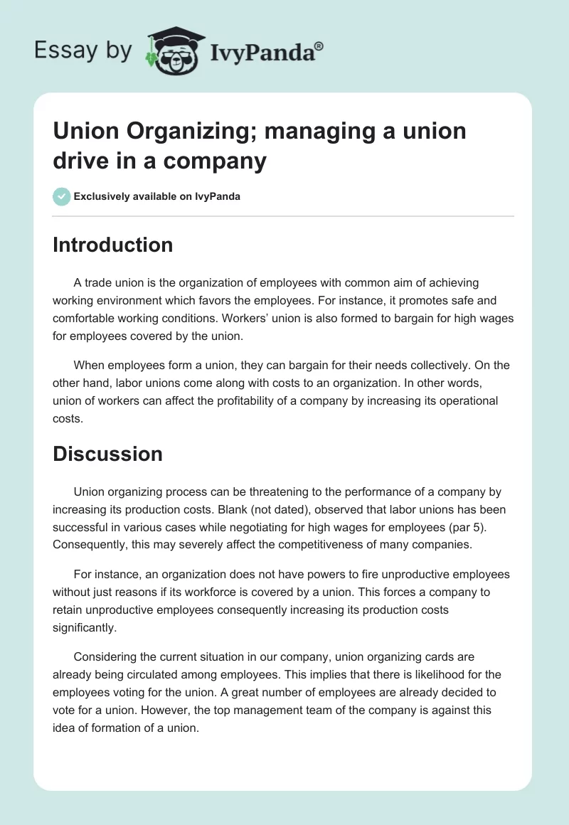 Union Organizing; managing a union drive in a company. Page 1