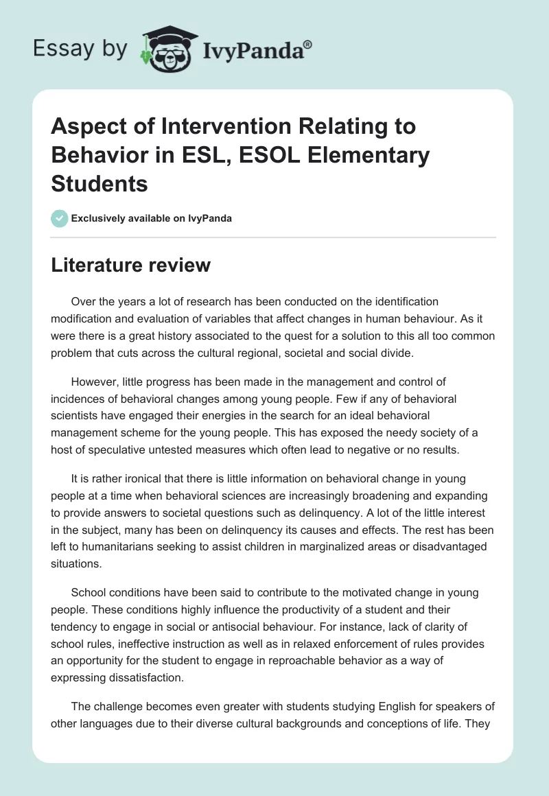 Aspect of Intervention Relating to Behavior in ESL, ESOL Elementary Students. Page 1