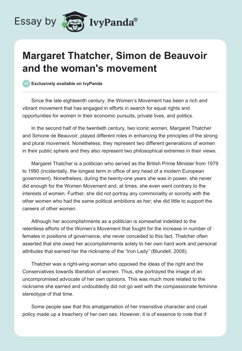 Margaret Thatcher, Simon de Beauvoir and the woman's movement. Page 1