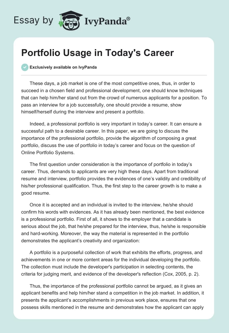 Portfolio Usage in Today's Career. Page 1