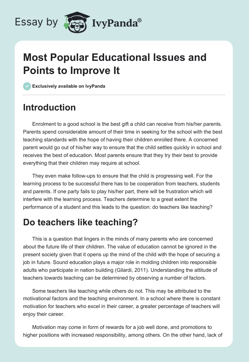Most Popular Educational Issues and Points to Improve It. Page 1