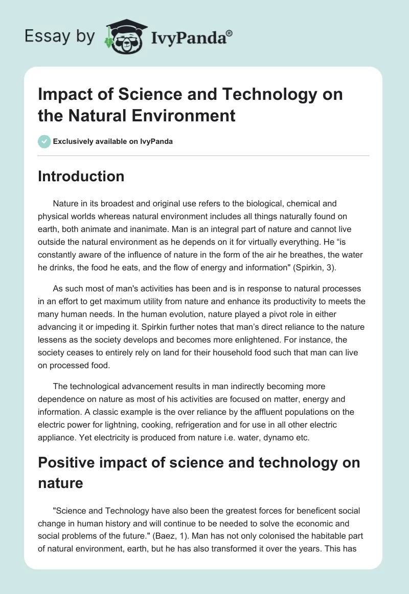 Impact of Science and Technology on the Natural Environment. Page 1
