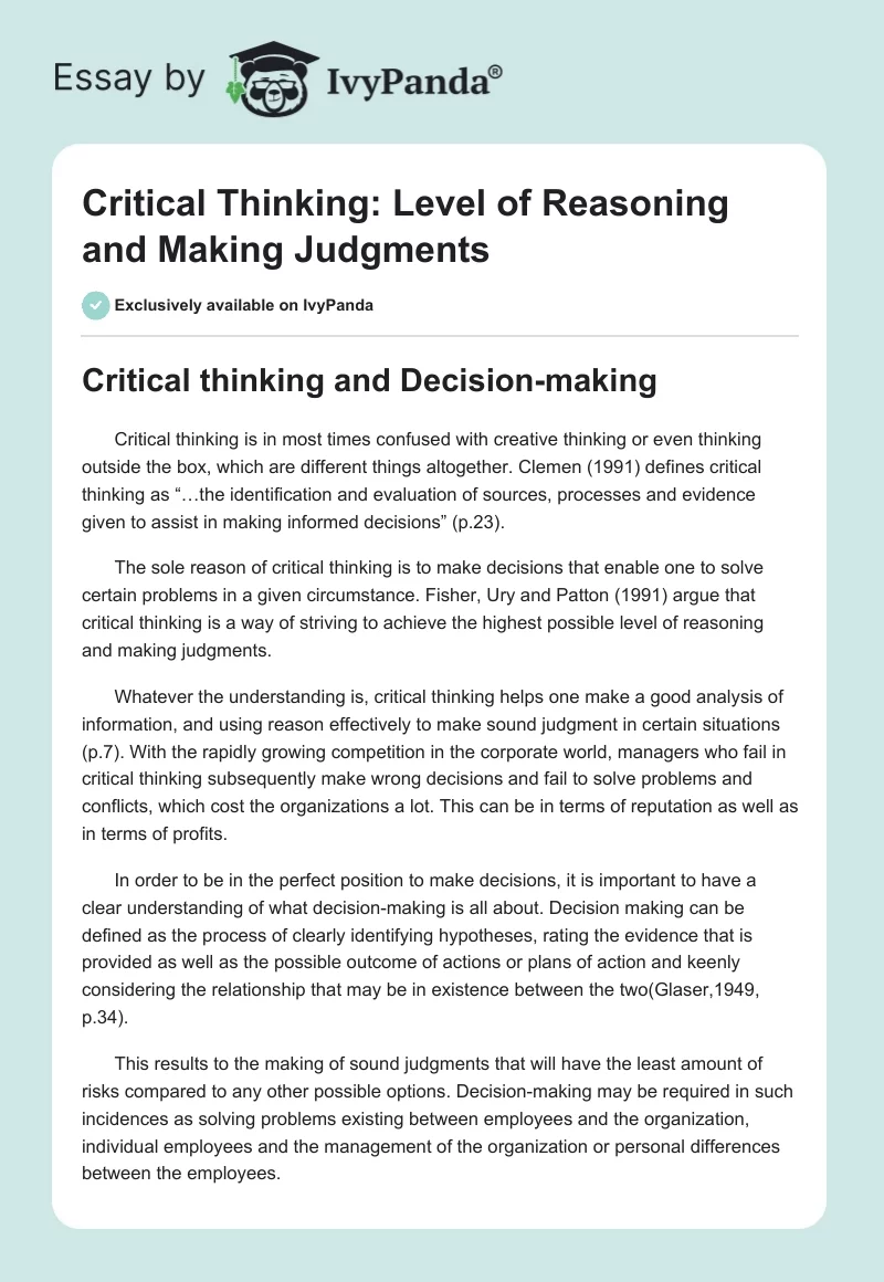Critical Thinking: Level of Reasoning and Making Judgments. Page 1