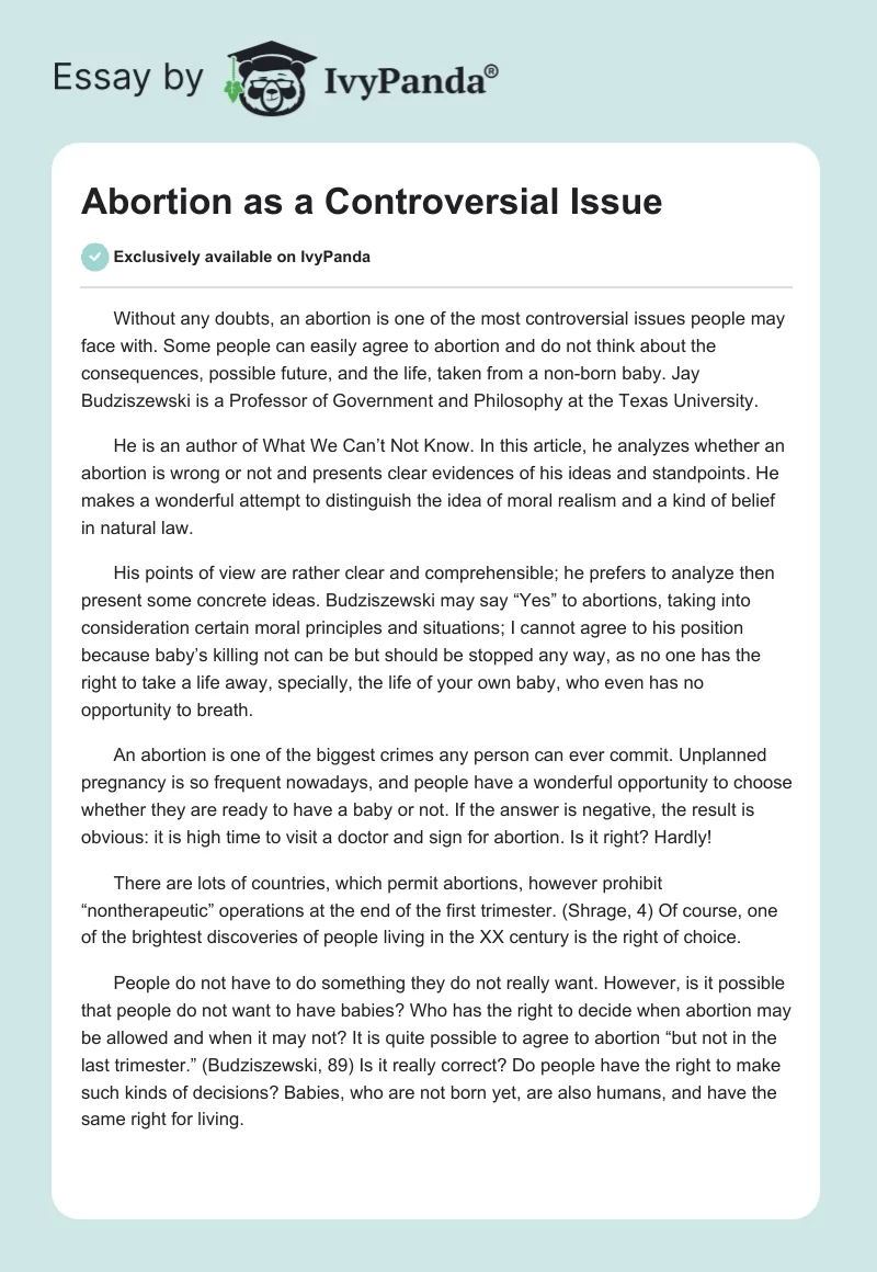 Abortion as a Controversial Issue. Page 1