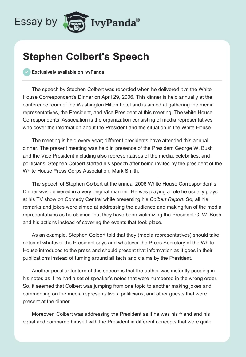Stephen Colbert's Speech. Page 1