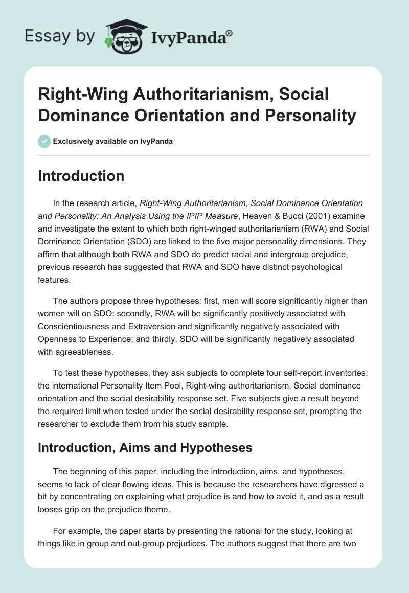 Right-Wing Authoritarianism, Social Dominance Orientation and Personality. Page 1