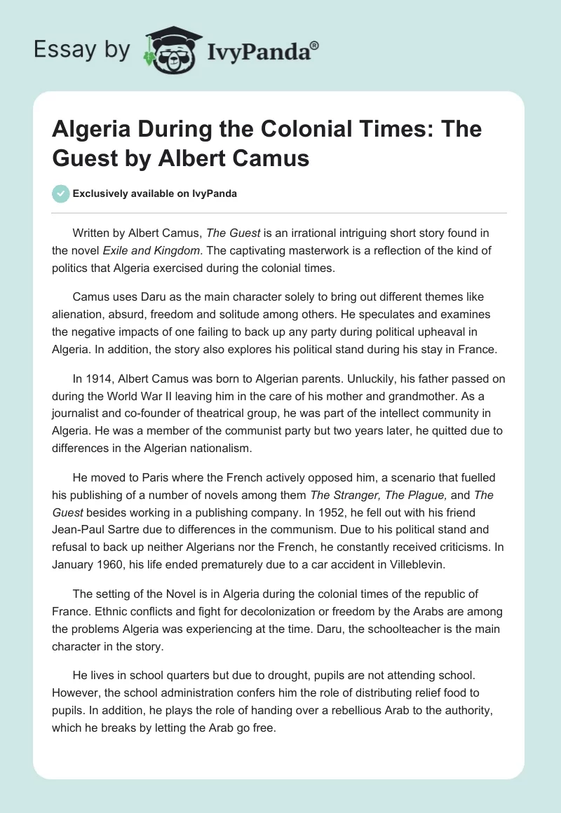 Algeria During the Colonial Times: "The Guest" by Albert Camus. Page 1
