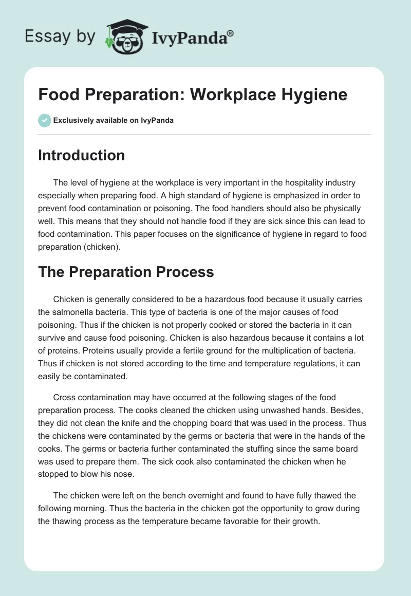 Food Preparation: Workplace Hygiene. Page 1