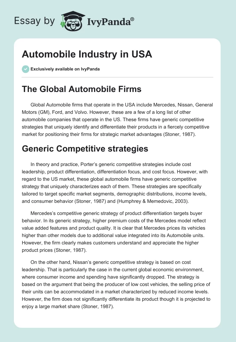 Automobile Industry in USA. Page 1
