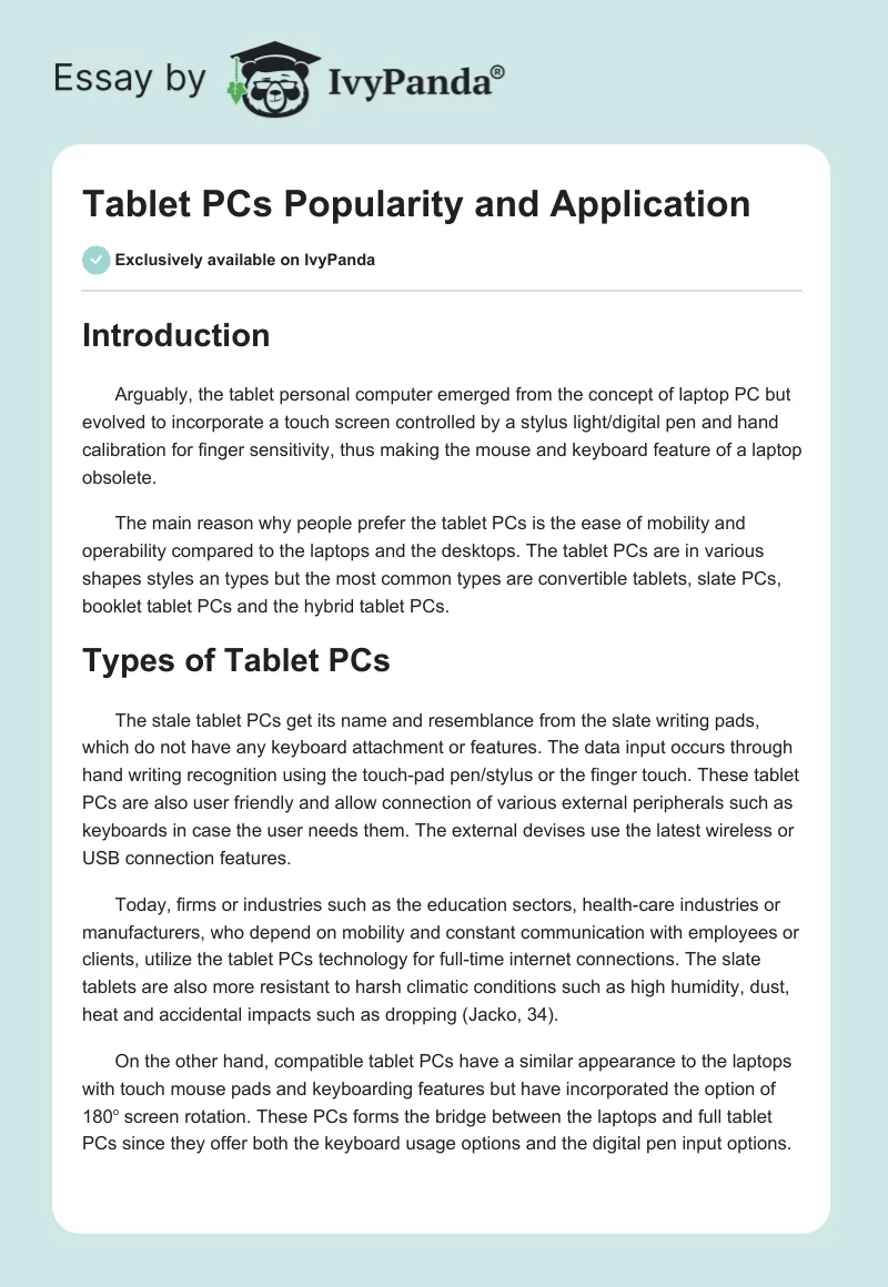 Tablet PCs Popularity and Application. Page 1