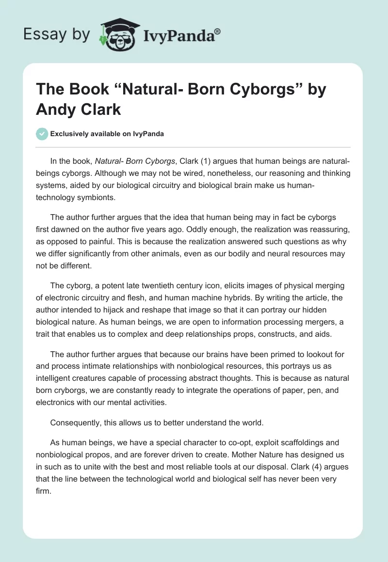The Book “Natural- Born Cyborgs” by Andy Clark. Page 1