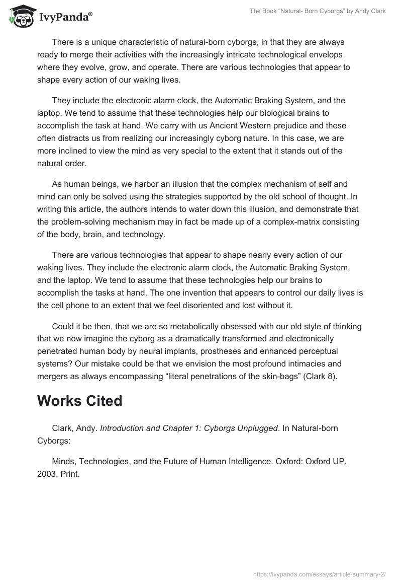 The Book “Natural- Born Cyborgs” by Andy Clark. Page 2