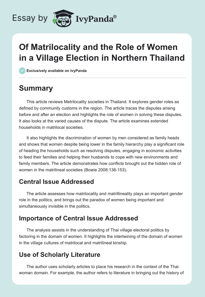 Of Matrilocality and the Role of Women in a Village Election in Northern Thailand. Page 1