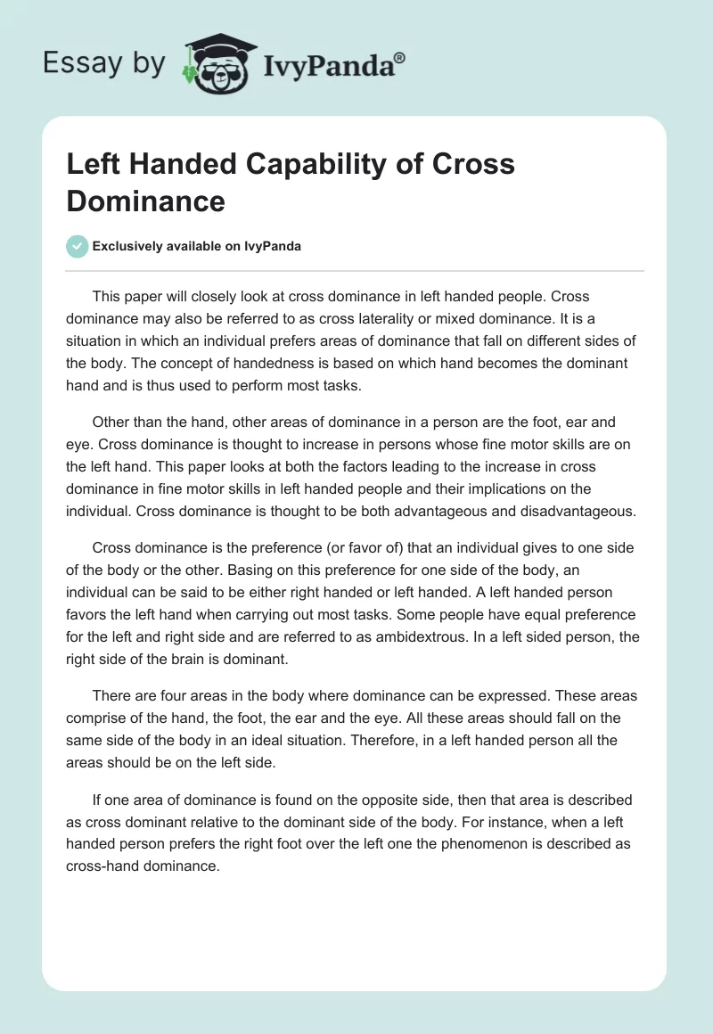 Left Handed Capability of Cross Dominance. Page 1