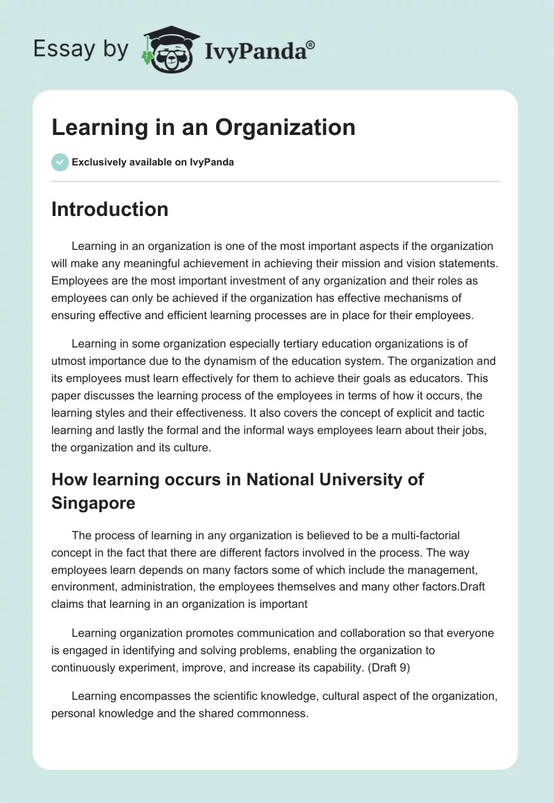Learning in an Organization. Page 1