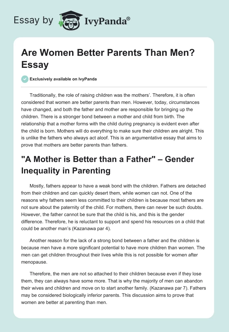 Are Women Better Parents Than Men? Essay. Page 1