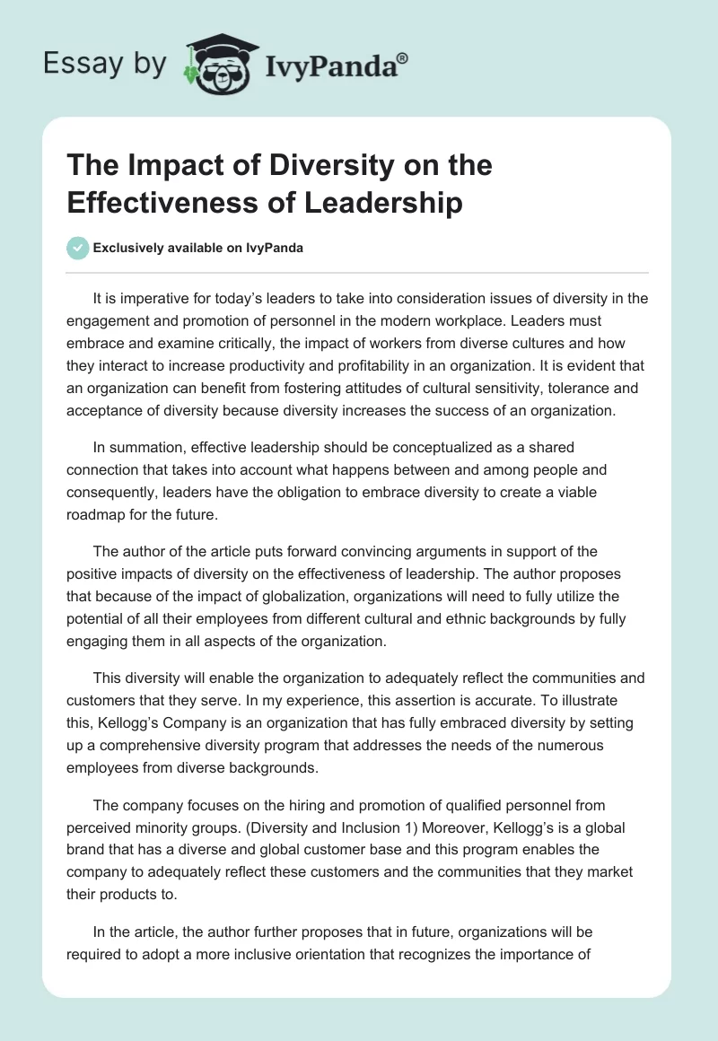 The Impact of Diversity on the Effectiveness of Leadership. Page 1