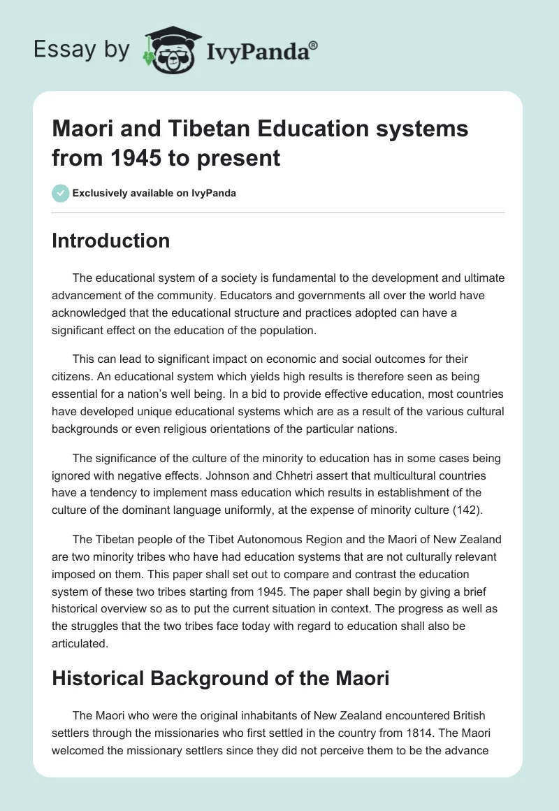 Maori and Tibetan Education systems from 1945 to present. Page 1