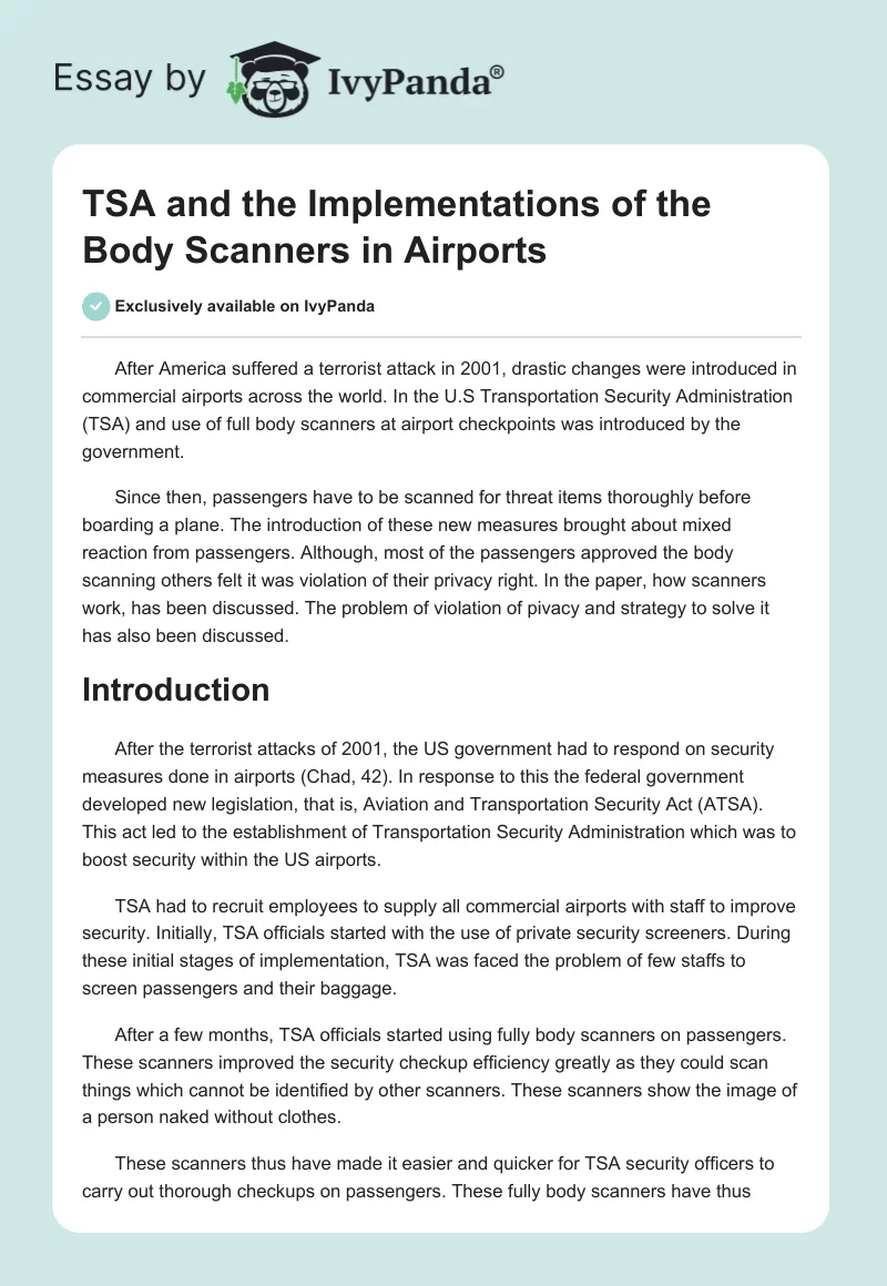 TSA and the Implementations of the Body Scanners in Airports. Page 1