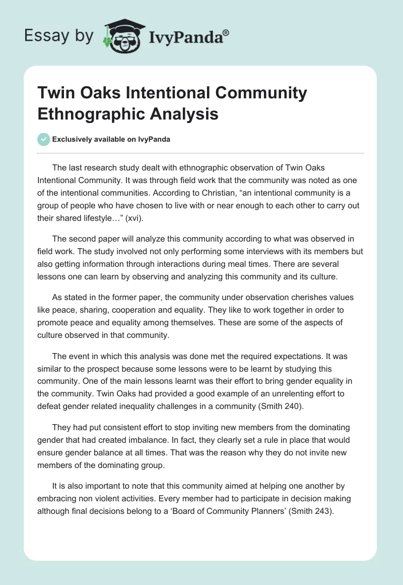 Twin Oaks Intentional Community Ethnographic Analysis. Page 1