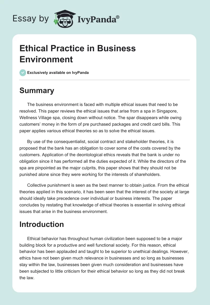 Ethical Practice in Business Environment. Page 1