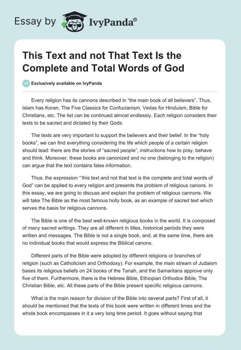 This Text and not That Text Is the Complete and Total Words of God. Page 1