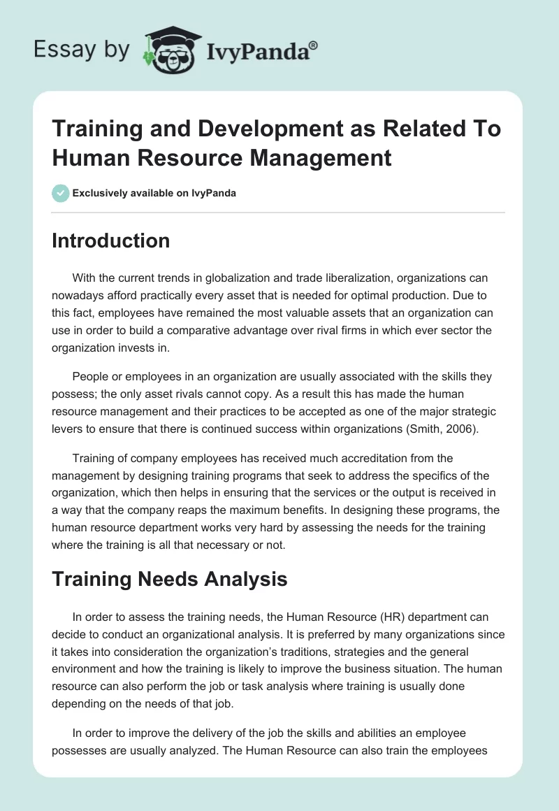 Training and Development as Related To Human Resource Management. Page 1