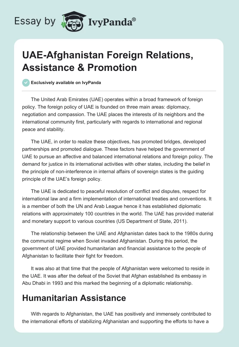 UAE-Afghanistan Foreign Relations, Assistance & Promotion. Page 1