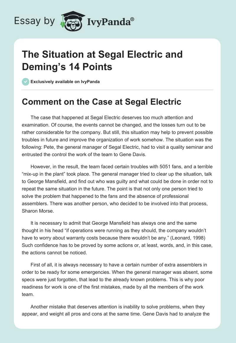 The Situation at Segal Electric and Deming’s 14 Points. Page 1