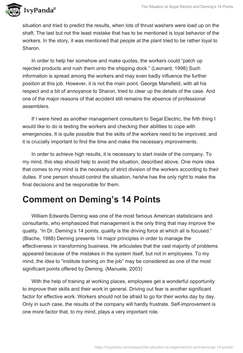 The Situation at Segal Electric and Deming’s 14 Points. Page 2