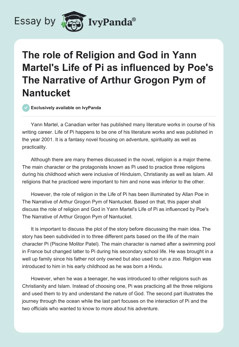 The Role of Religion and God in Yann Martel’s Life of Pi as Influenced by Poe’s the Narrative of Arthur Grogon Pym of Nantucket. Page 1